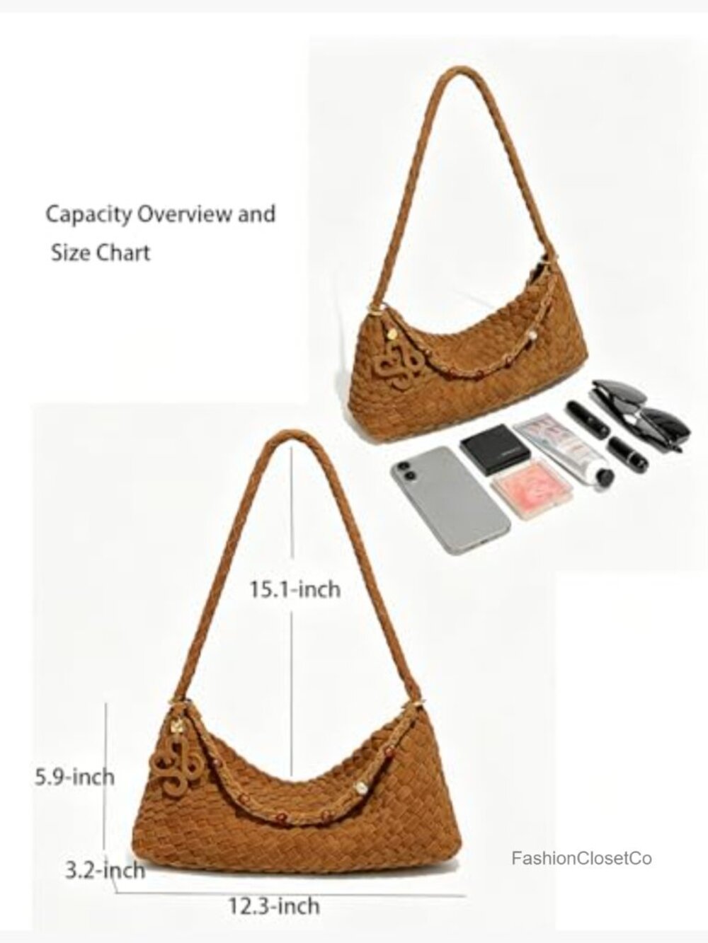 Small Woven Suede Shoulder Bag Slouchy Hobo Tote - Picture 4 of 6